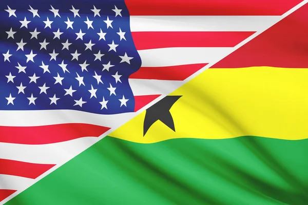 Series of ruffled flags. USA and Republic of Ghana.