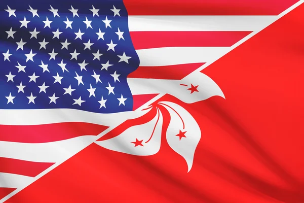 Series of ruffled flags. USA and Hong Kong Special Administrative Region of the People's Republic of China. — Stock Photo, Image