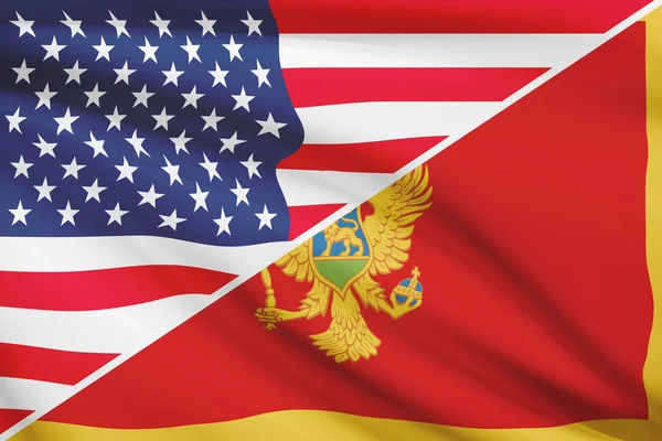 Series of ruffled flags. USA and Montenegro. — Stock Photo, Image