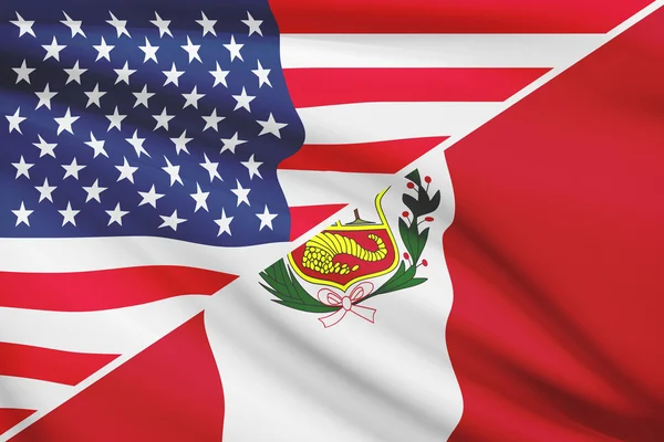 Series of ruffled flags. USA and Republic of Peru. — Stock Photo, Image