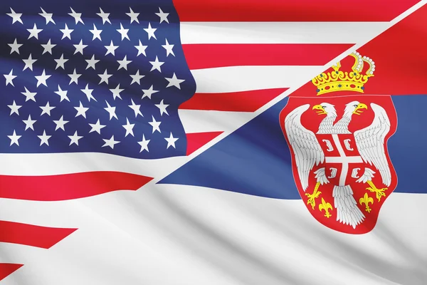 Series of ruffled flags. USA and Republic of Serbia. — Stock Photo, Image