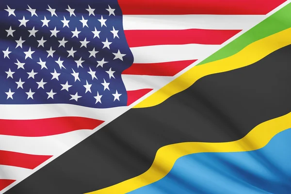 Series of ruffled flags. USA and United Republic of Tanzania. — Stock Photo, Image