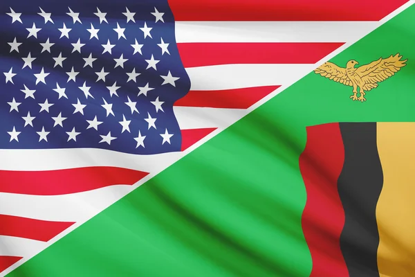 Series of ruffled flags. USA and Republic of Zambia. — Stock Photo, Image