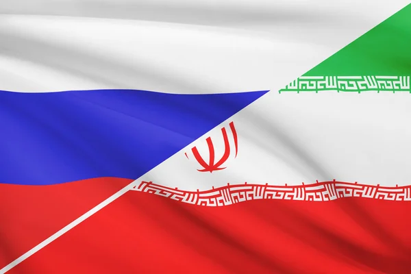Series of ruffled flags. Russia and Islamic Republic of Iran.