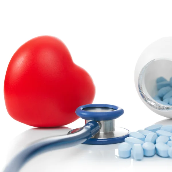 Stethoscope with red heart and pills - studio shoot on white - 1 to 1 ratio — Stock Photo, Image