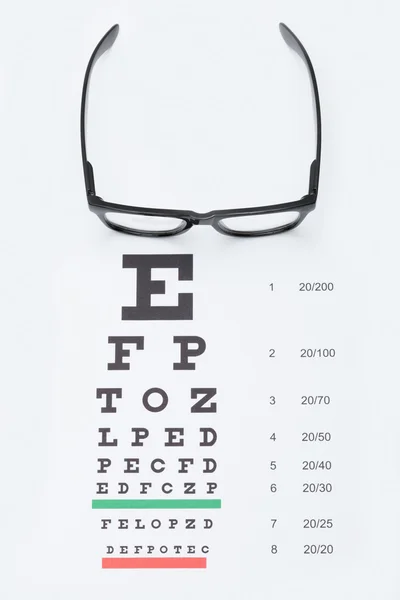 Eyesight test chart with glasses over it - studio shot — Stock Photo, Image