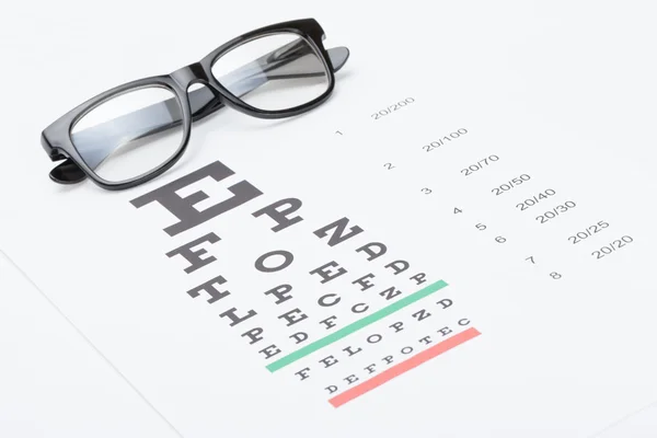 Studio shot of eyesight test chart with glasses over it — Foto de Stock