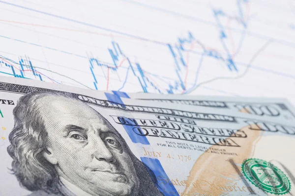 Beurs grafiek met 100 VS dollar bankbiljet overheen - studio opname — Stockfoto