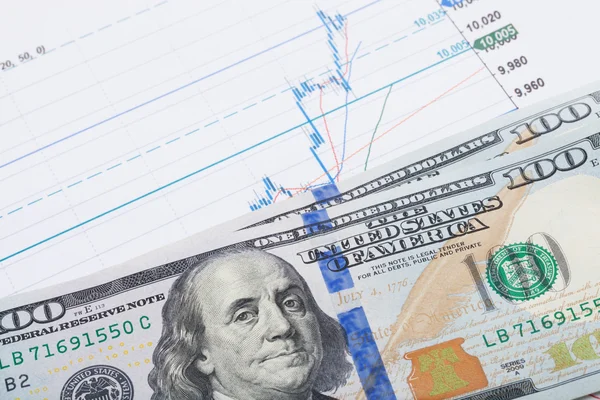 Stock market chart and 100 USA dollars banknote over it - studio shot — Stok Foto