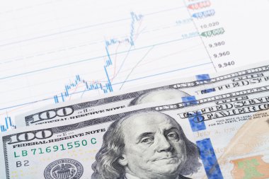 hisse senedi grafiği ile 100 ABD Doları banknot ele