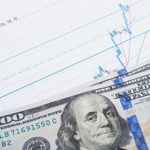 Stock market chart and 100 USA dollars over it - studio shot - 1 to 1 ratio — Stock Photo, Image