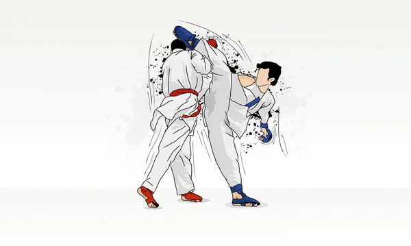 Esparcido Dos Artistas Marciales Práctica Karate — Vector de stock