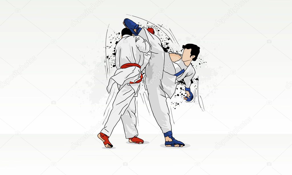 Sparring of two martial artists, karate practice