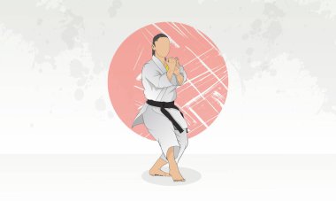 Karate egzersizi yapan bir kadın. Açık gri soyut arkaplan.