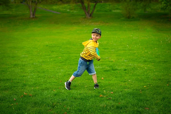 かわいい少年は緑の草の背景を背景に公園でフリスビーを果たしています — ストック写真