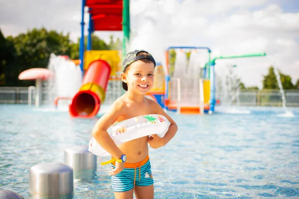 Happy Laughing Child Pool Water Park Cute Boy Bright Swimming — Photo