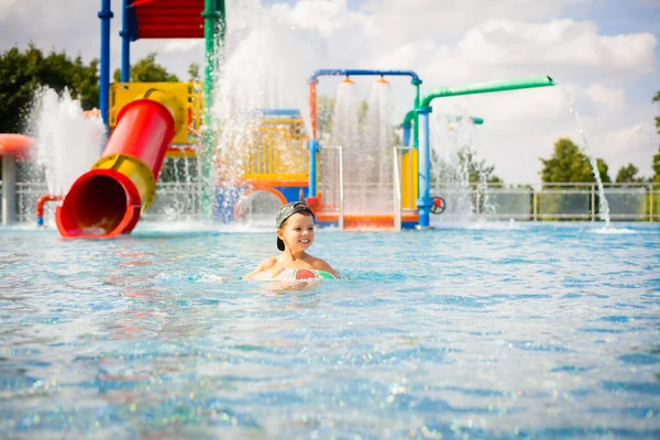 Happy Laughing Child Pool Water Park Cute Boy Bright Swimming — Stok fotoğraf