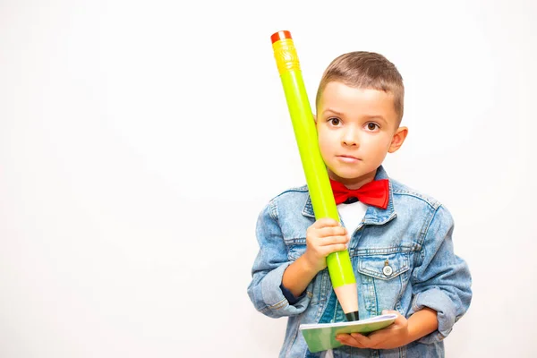 Cute Schoolboy Denim Jacket Red Bow Tie Holds Large Pencil — Photo