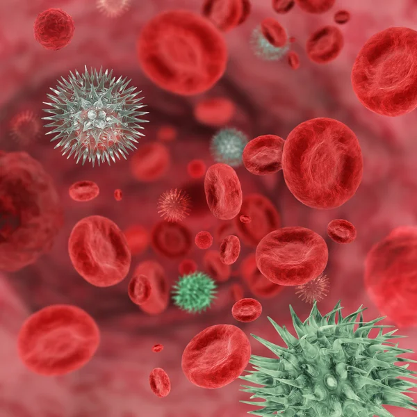 3D renderizado de células microscópicas de sangre y virus — Foto de Stock