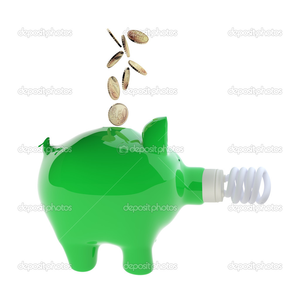Euro coins falling into green piggy bank with energy efficient l