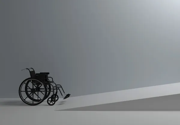 Cadeira de rodas em frente à rampa para deficientes — Fotografia de Stock