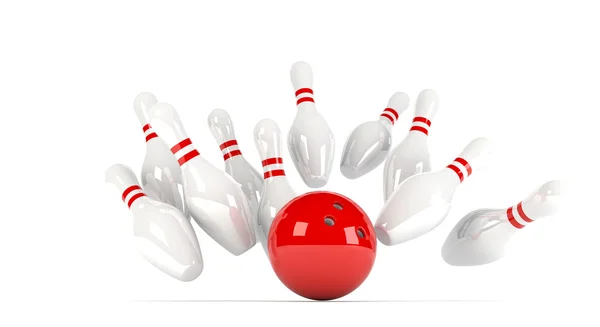 Skittles avec boule de bowling rouge — Photo