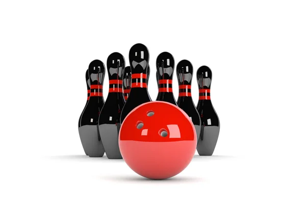 Black skittles with red bowling ball — Stockfoto