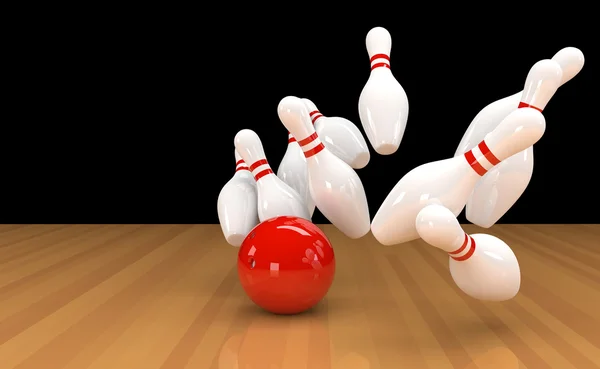 Skittles con palla da bowling rossa — Foto Stock