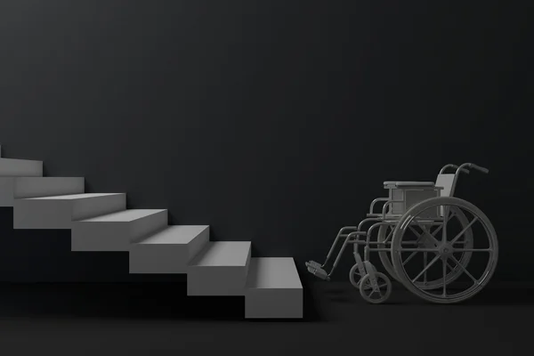 Wózek inwalidzki przed schodami na białym tle na czarnym tle — Zdjęcie stockowe
