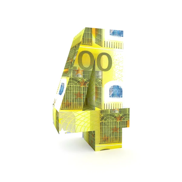 Zahl "vier" aus Euro-Banknoten auf weißem Hintergrund — Stockfoto