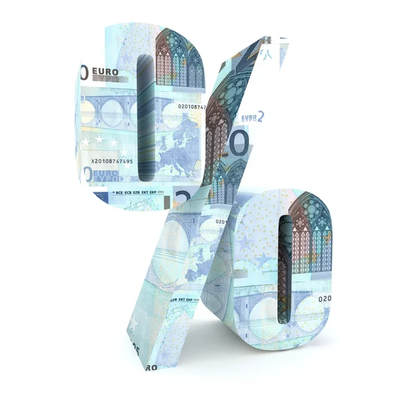 Signo porcentual hecho de billetes en euros sobre fondo blanco —  Fotos de Stock