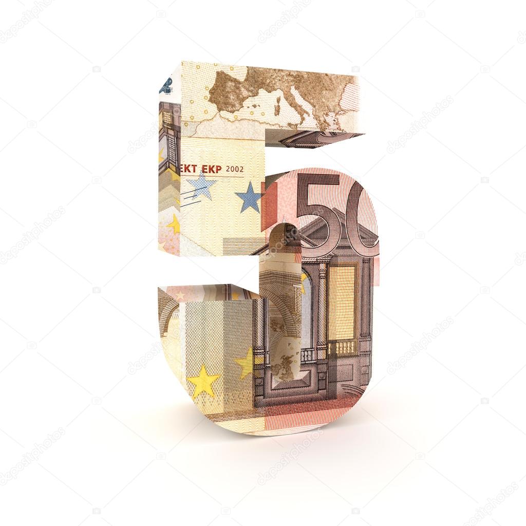 Number five made from euro banknotes on white background