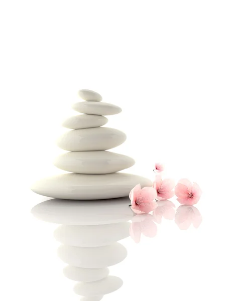 Concepto de spa piedras de basalto zen con flores de cerezo —  Fotos de Stock