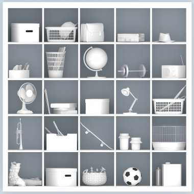white shelves with different home related objects clipart