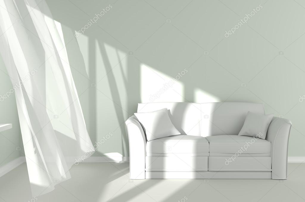 	Modern Room Interior with white curtains and couch