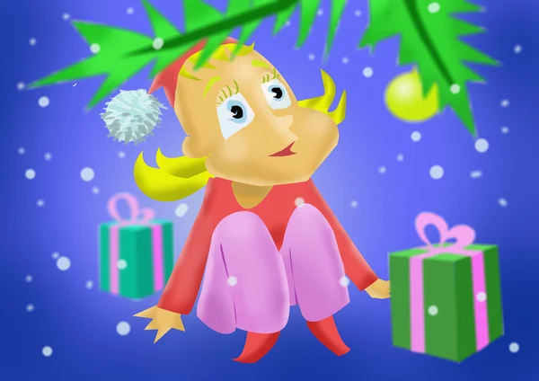Meisje zit onder de kerstboom — Stockfoto