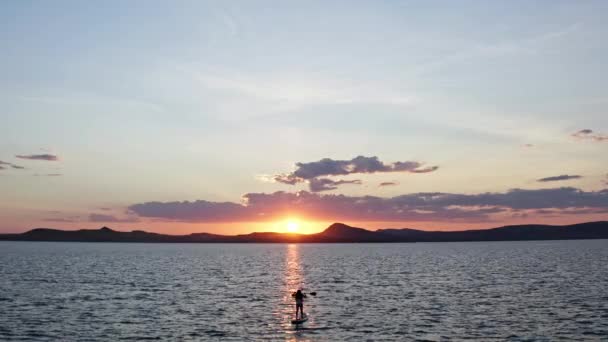 Een jonge vrouw met lang haar staat op een plank triomfantelijk een roeispaan op te tillen bij zonsondergang. — Stockvideo