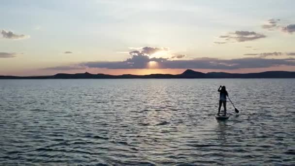 Una joven está remando un remo de pie sobre una tabla en el lago al atardecer. — Vídeos de Stock