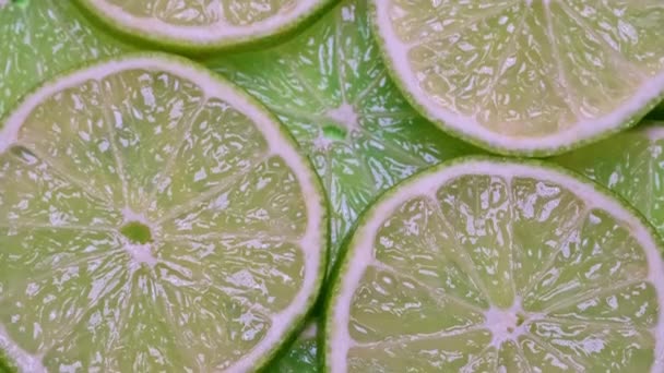 Top view close-up stack of natural juicy lime slices — Stock Video