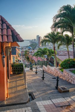 Guayaquil, Guayas, Ecuador - November, 2013: Beautiful view of the city and houses, walking down the many steps from the Santa Ana hill, on a warm and clear afternoon.