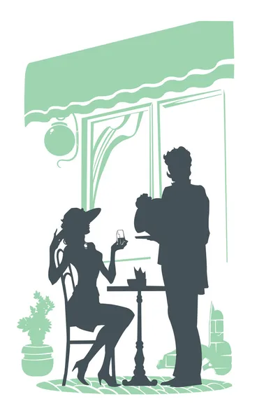 Ілюстрація з дівчиною в інтер'єрі кафе — стоковий вектор