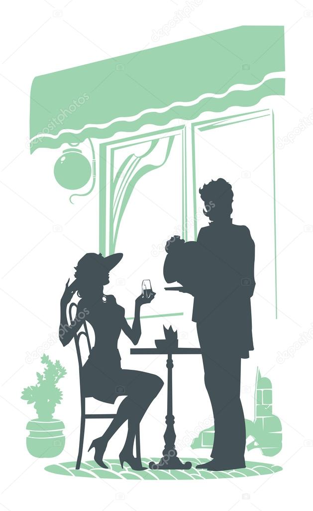 Illustration with girl in interior of cafe