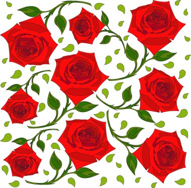 yeşil yaprakları ile kırmızı gül deseni