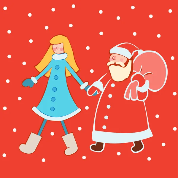 Santa claus met sneeuw maiden in lichte kleding — Stockvector