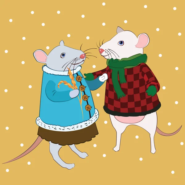 love mouse in bright clothes under falling snow