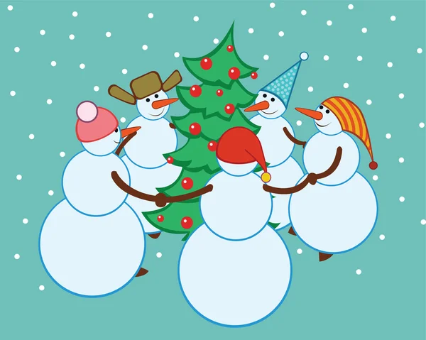 Baile muñecos de nieve alrededor del árbol de Navidad — Vector de stock