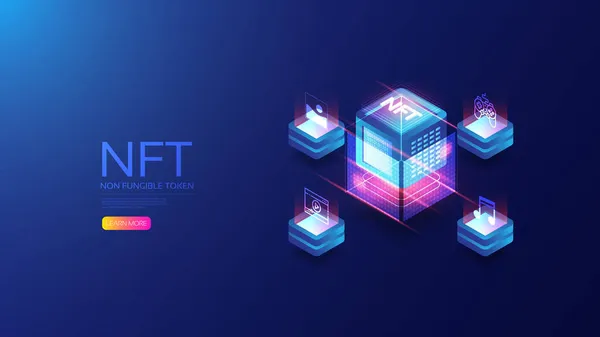 Nft Isométrico Com Tecnologia Blockchain —  Vetores de Stock