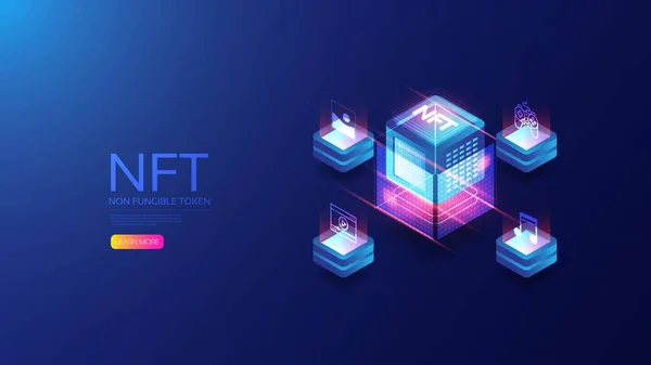 Nft Isométrico Con Tecnología Blockchain — Vector de stock