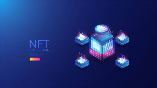 Nft Isométrico Con Tecnología Blockchain — Vector de stock