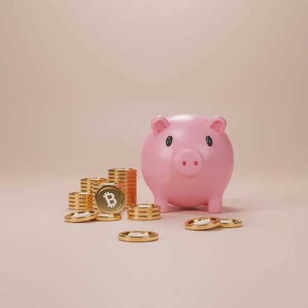 Piggy Bank Bitcoin Pilha Conceito Negócio Ilustração — Fotografia de Stock